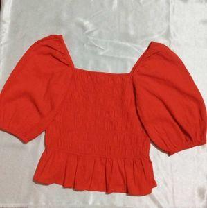 Orange Smocked Puff Sleeve Top