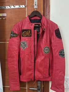 Red Perforated Leather Biker Jacket