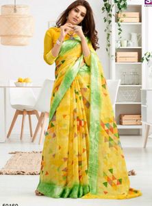 Yellow & Green Geometric Print Saree