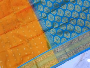 Orange and sky blue combination saree