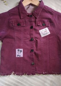 Vintage Wine Crop Denim Jacket with Mickey Patch