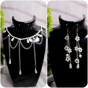 Elegant Pearl Drop Choker & Floral Earrings Set