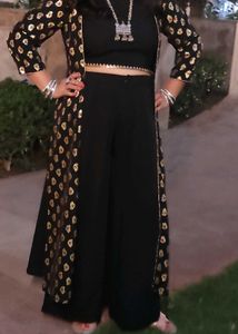 Black &amp; Gold Printed Crop Top Set with Duster