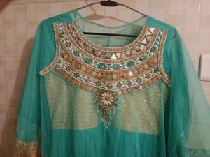 Elegant Teal &amp; Gold Anarkali Dress
