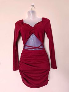 Red Long Sleeve Mini Dress - Cutout