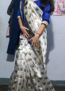 Elegant White Embroidery Saree with Blue Border