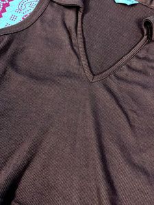 Brown Ribbed Polo Top