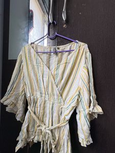 Striped Wrap-Style Ruffle Top