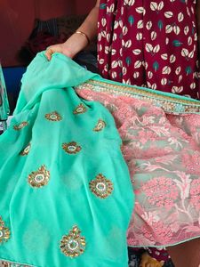 Teal &amp;green Embroidered Saree