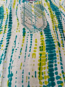 Stitched Green White Colour Pure Cotton Suit Set