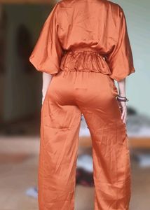 Rust Color Satin Kaftan Top Co-ord Set