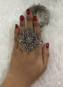 Oxidised Silver Bangle Bracelet With Finger Ring