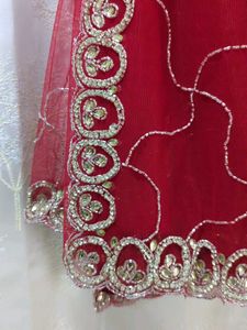 Red Saree with white Diamonds and Stitched Blouse