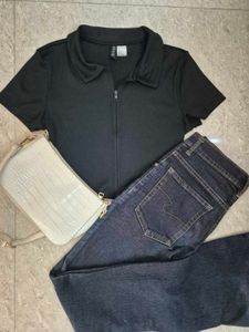 H&amp;M Black Collared zip-through top
