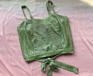 Green Crinkle Tie Crop Top