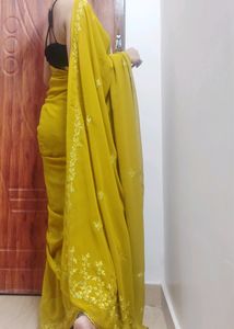Sale 🌟🌟 bollywood OLIVE GREEN pure chiffon saree with embroidery work with readymade blouse, size : 36 | supersoft