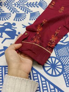 Maroon Embroidered Kurta