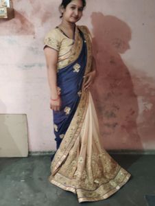 2 Color Saree. Navy Blue and Cream Saree