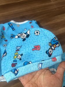 Warm Blue Sweatshirt Sweatpants Cap N Bib Set