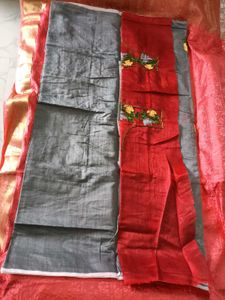 Grey With Red Floral Design ChanderiCotton Saree