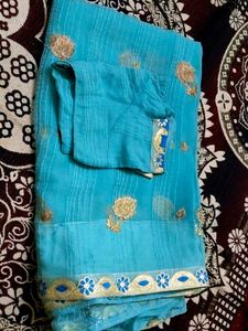Sky Blue Sari with Gold Embroidery