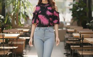 Chic Feather Print Cold Shoulder Top