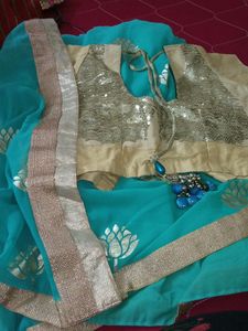 Teal & Gold Sari with Blouse
