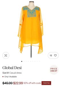 Global Desi Yellow Tunic Dress - Size Xl