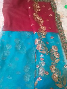 Red And Cyan Saree