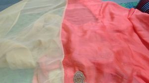 Peach And Off White Embellished Saree