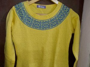 Yellow Knit Top with Blue Pattern