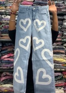 Heart Print Wide Leg Jeans