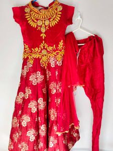 Red Embroidered Girls' Anarkali Suit