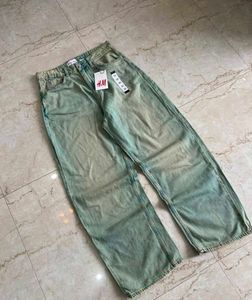 H&amp;M faded Green Washed Baggy Denim