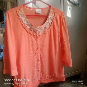 Peach Button-Down Blouse with Lace