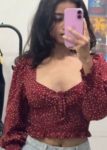 Maroon Red Polka Dot Top Sweetheart Neckline