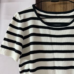 Black &amp; White Striped Knit Top with side drawstrin