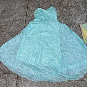 Girls Flare Aqua Party Dress With Duptta