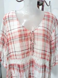Pink Plaid Lace Trim Peasant Top