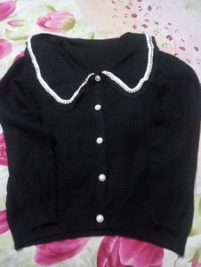 Elegant Black Cardigan with Pearl Collar