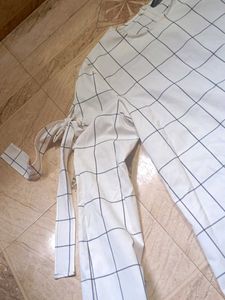 White Grid Tie-Sleeve Blouse