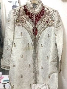 Creamy White And Maroon Sherwani