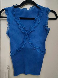 Blue Lace Trim Knit Top