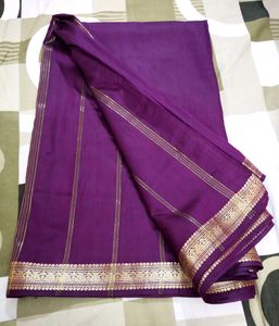Dark Plum Plain Saree With Striped Pallu