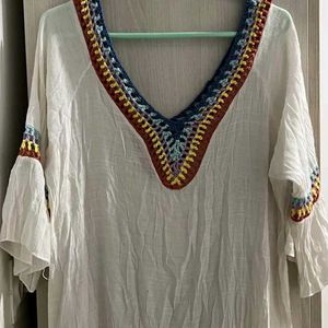White Crochet Trim Tunic Top