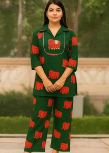 Elephant Print Co-ord Set With Hand Embroidery