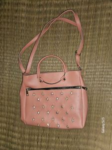 Peach Coloured Studded PU Structured Handheld Bag