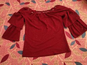 Shimmer Off-Shoulder Ruffle Sleeve Top