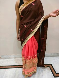 Pretty Pink And Burgundy Saree With Net Pattern