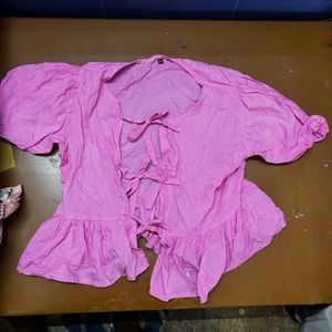 Pink Puff Sleeve Front Tie Top